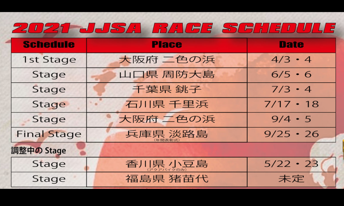 【JJSA】レーススケジュール2021発表！初戦は4/3二色の浜